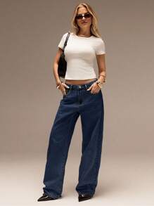 SHEIN Forever 21 Quần Jeans Nữ Mùa Xuân & Hè Lãng mạn/Dạ hội/Trang trọng/Sinh nhật/Thập niên 90/Trang phục công sở thường ngày/Thanh lịch/Phong cách phương Tây/Đi chơi/Thời trang/Thường ngày/Y2k/Câu lạc bộ/Văn phòng/Cocktail/Cổ điển/Rave/Vui nhộn/Sang trọng/Quý tộc/Thời trang dạo phố/Kỳ nghỉ/Buổi hòa nhạc đồng quê/Công sở/Khiêm tốn/Nghỉ xuân/Độc thân/Buổi hòa nhạc/Baddie/Cơ bản/Tốt nghiệp/Quần Jeans ống đứng cạp trễ màu xanh dương - Màu xanh hải quân - Xem 3