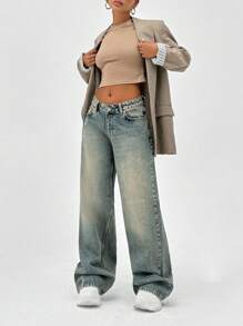 CasuGlow 100% Cotton LOW RISE WIDELEG CUT VINTAGE WASH Y2K BAGGY JEANS - Medium Wash - View 6