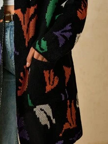 SHEIN VCAY 加大码女式黑色长袖宽松开衫，抽象叶和花卉印花中长款针织毛衣外套，带口袋女式开衫长款开衫女式开衫印花开衫女式秋季服装，秋季服装黑色上衣加大码毛衣 - 黑色 - 查看 5