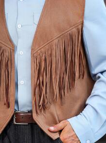 Manfinity Nomadique 男士休闲复古流苏装饰马甲，西部风格，麂皮面料，适合外出穿着，牛仔风格，西部马甲，棕色马甲，冬季款 - 棕色 - 查看 6