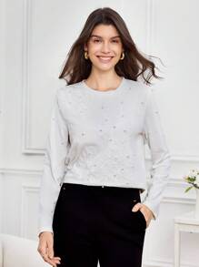 Miaspire 女士圆领长袖 T 恤，优雅设计，饰有串珠和 3D 花卉元素，秋冬 - 白色 - 查看 4