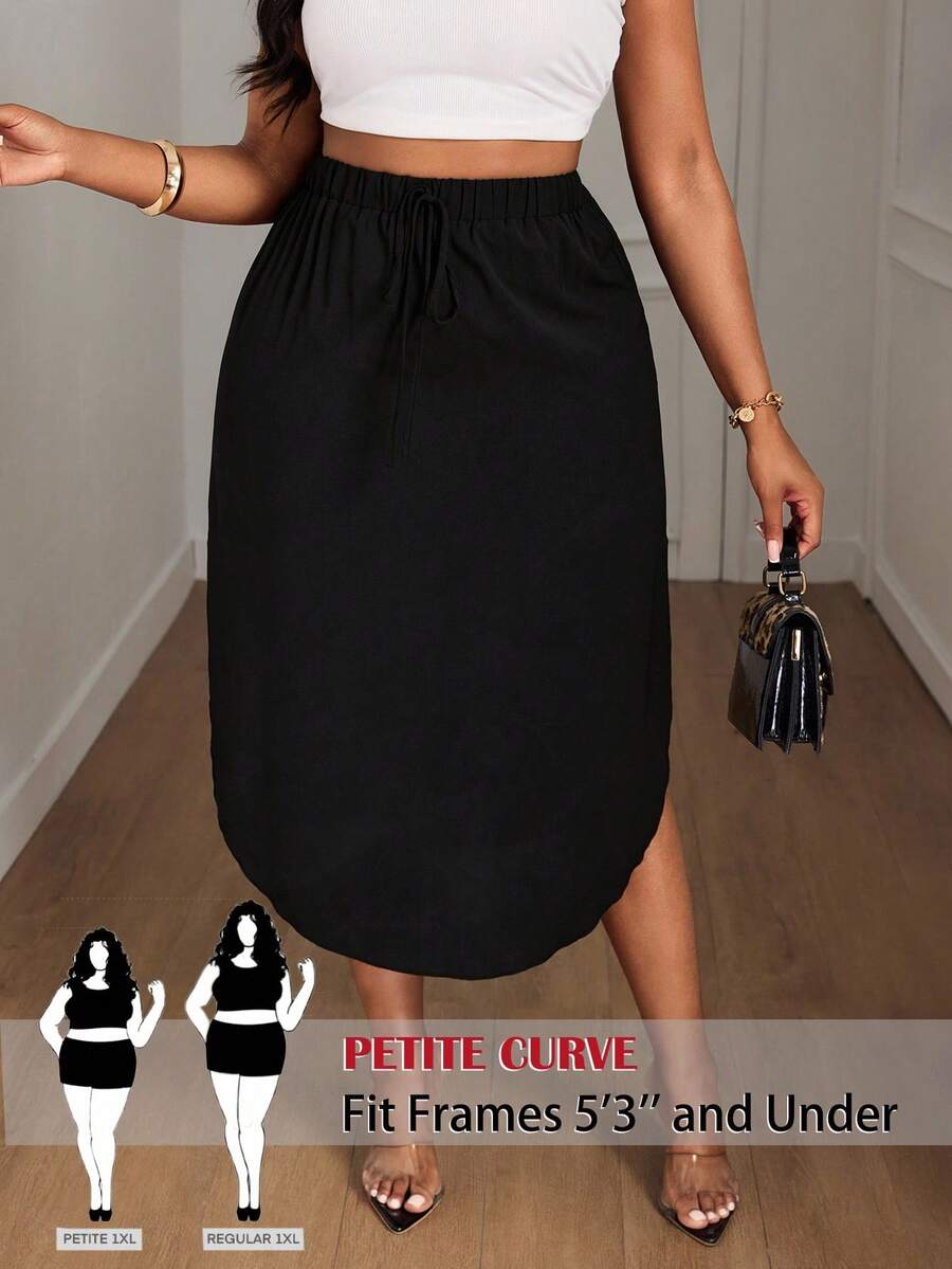 SHEIN PETITE CURVE 大码女式休闲纯色弧形下摆半身裙 - 黑色 - 查看 1