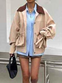 SHEIN EZwear Fall Old Money Autumn Coats Y2k Back To School Fall Women's Casual Outdoor Fashion Street Front Zip Pocket Long Sleeve Oversized Jacket - Khaki - View 4