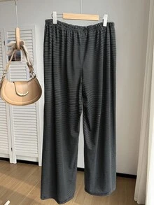 Comfortcana Plus Size Black & White Striped Casual Drawstring Pants, Autumn/Winter Stripe Pants - Black and White - View 2