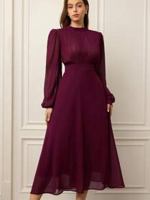 Aveloria Rosie Abito plissettato in chiffon leggero e fluido con vita alta e maniche lunghe, taglie comode - Viola rosso - Visualizzare 3