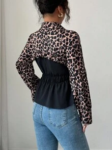 Elenzga Elegancka koszula biurowa z długim rękawem i nadrukiem w panterkę - Czarne - Zobacz 2