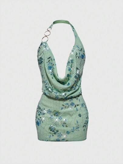 Hippie Vestido mini con cuello abullonado vintage, sexy, para fiesta Y2K con lentejuelas para mujeres