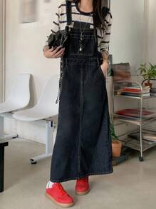 DAZY 女式休闲宽松口袋牛仔背带连衣裙 - 藍色 - 查看 7