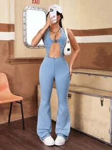 Jeanoix 女式性感露背挂脖牛仔连体裤 - 淺色水洗藍 - 查看 1