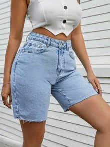 EURMUSE 100%Cotton Back Label Detailed Rigid Bermuda Short - Light Wash - View 5