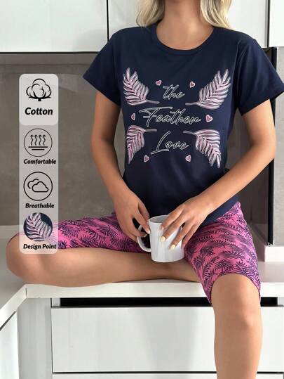 EURMUSE Set pigiama estivo da donna in 2 pezzi, composto da camicia a maniche corte con stampa floreale e lettera, e pantalone capri in cotone