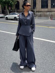 DAZY 3pcs Set: Striped Shirt, Fashionable Wide-Leg Pants, Stylish Design Lounge Sets For Women - Navy Blue - View 3