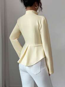 Elenzga Blusa de manga larga de color amarillo pálido con cuello alto, escote en V, botones delanteros, cintura acampanada y bajo asimétrico, para uso formal, oficina, casual, vacaciones, fiesta, estilo vintage, maestro y estilo del Medio Oriente