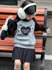 SHEIN Young Girls' Heart Pattern Raglan Sleeve Pullover Sweater,Casual Round Neck Long Sleeve Knitwear For Autumn,Party,Back-To-School,Fall/Winter - Multicolor - View 6