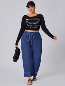 SHEIN EZwear Damen Jeans in Cowgirl-Blau mit elastischem Bund, sexy, gerade geschnitten, Capri-Länge, Große Größen