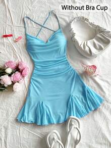 Soleia 女士度假细肩带迷你连衣裙，垂坠领口，露背，系带蝴蝶结，鱼尾，性感风格，迷你连衣裙，及膝长裙，购物装，浪漫装，约会装，沙滩装，网眼装，年轻，少女感 - 藍色 - 查看 7