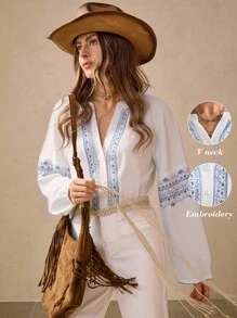 Wildy Blusa casual con gráfico para mujer, estilo bohemio, para mujer, país, concierto, oficina, casual de negocios, salida para mujer