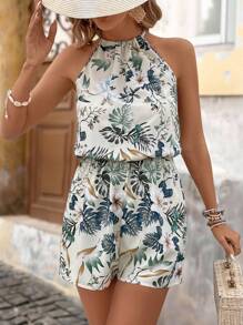 Brillora Women's Tropical Print Halter Neck Floral Jumpsuit
