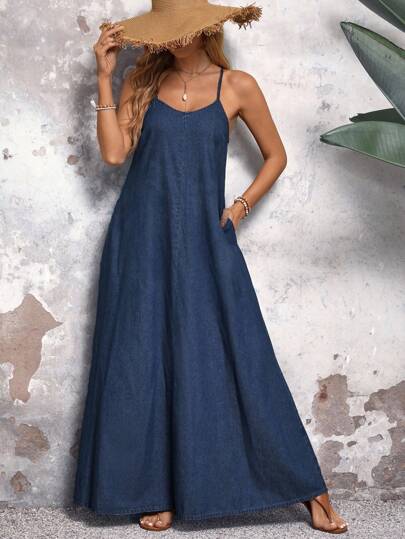 EMERY ROSE 大码女式休闲时尚细肩带长款牛仔连衣裙