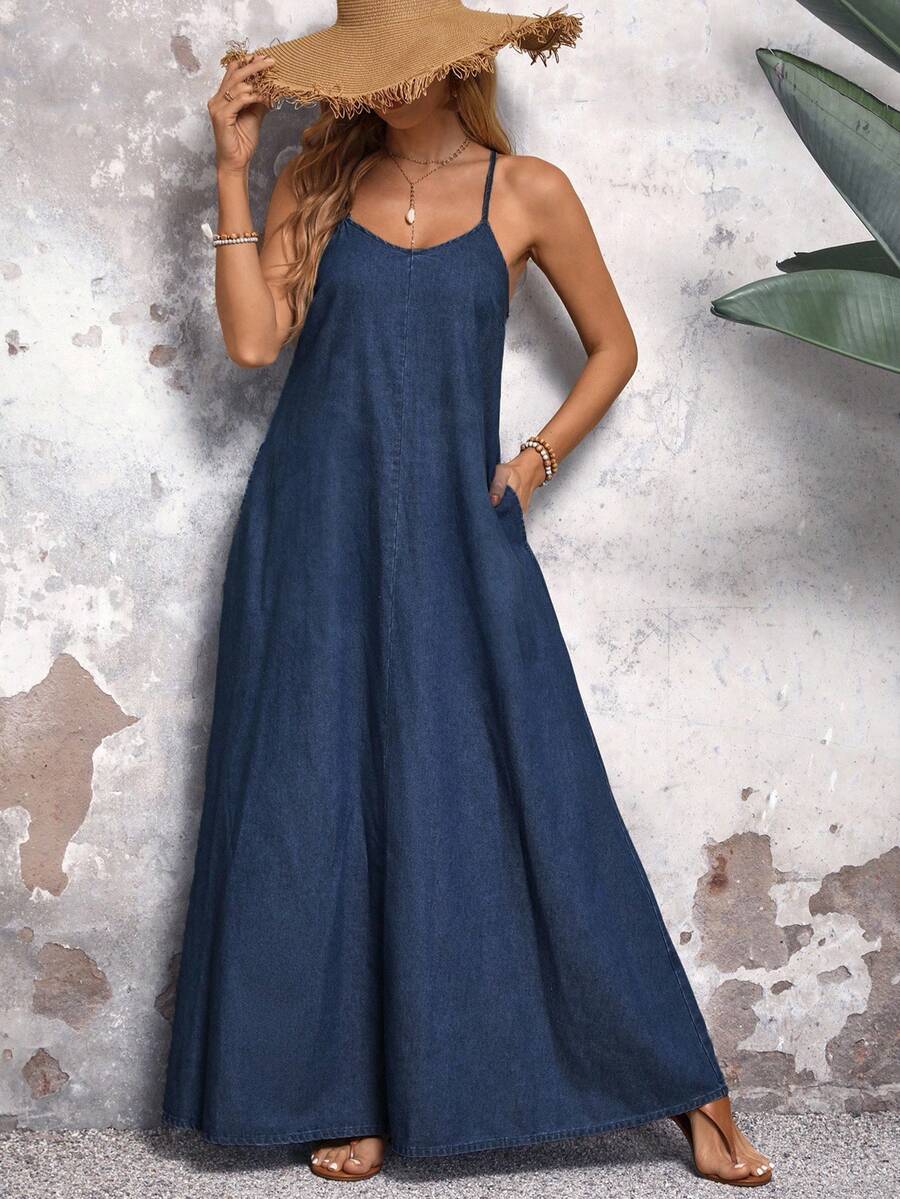 EMERY ROSE 大码女式休闲时尚细肩带长款牛仔连衣裙