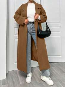 EURMUSE Lapel Neck Double Breasted Slant Pocket Waist Belt Tie-Up Woolen Overcoat - Camel - View 5