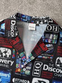 Discovery X SHEIN Herren Hemd mit Buchstaben-Grafik, Knopfleiste, Lässig Kurzarm