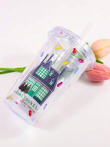 HARRY POTTER X SHEIN 1PC Letter Graphic Cold Drink Juice Cup, 450ml Or 600ml Transparent Flat Lid, Double-Layer Straw Cup, Straw Juice Cup, Transparent Bow Shaped Cup - Multicolor - View 5