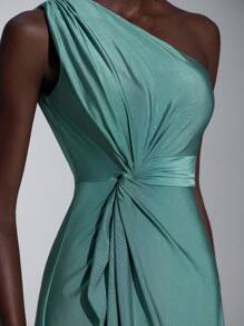 Elitara 女士浪漫优雅绿色弹力针织单肩扭褶收腰连衣裙，非常适合婚礼季、婚礼活动、返校季伴娘礼服
