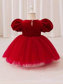 Glamorique Kids Robe de fête de Noël pour bébé fille, robe du Père Noël, robe du Nouvel An, robe de princesse en velours et tulle à manches bouffantes avec nœud papillon pour jeune fille, convient pour Noël, Halloween, représentations sur scène, Moyen-Orient, occasions formelles, toutes saisons, robe de Noël - Rouge - Voir 2