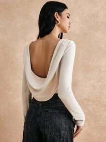 Poéselle Women's Solid Color Backless Long Sleeve Knit Top, Draped Cozy Knit Top, Fall/Winter, Effortless Chic Essential, FW24 - Apricot - View 5