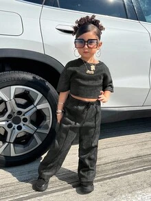 2 件装年轻女孩炭灰色套头 T 恤和紧身裤套装，休闲日常搭配 - 灰色 - 查看 6