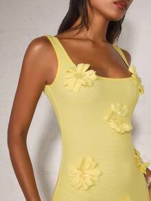 SHEIN BAE 女士奶油黄色细肩带方领花卉装饰优雅迷你连衣裙 - 黃色 - 查看 7
