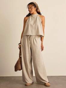 SHEIN VCAY Conjunto de 2 piezas de top casual con hombros descubiertos y pantalones holgados para tallas grandes - Albaricoque - Ver 2