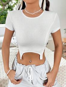 SHEIN EZwear Solid Asymmetrical Hem Crop Tee - White - View 6