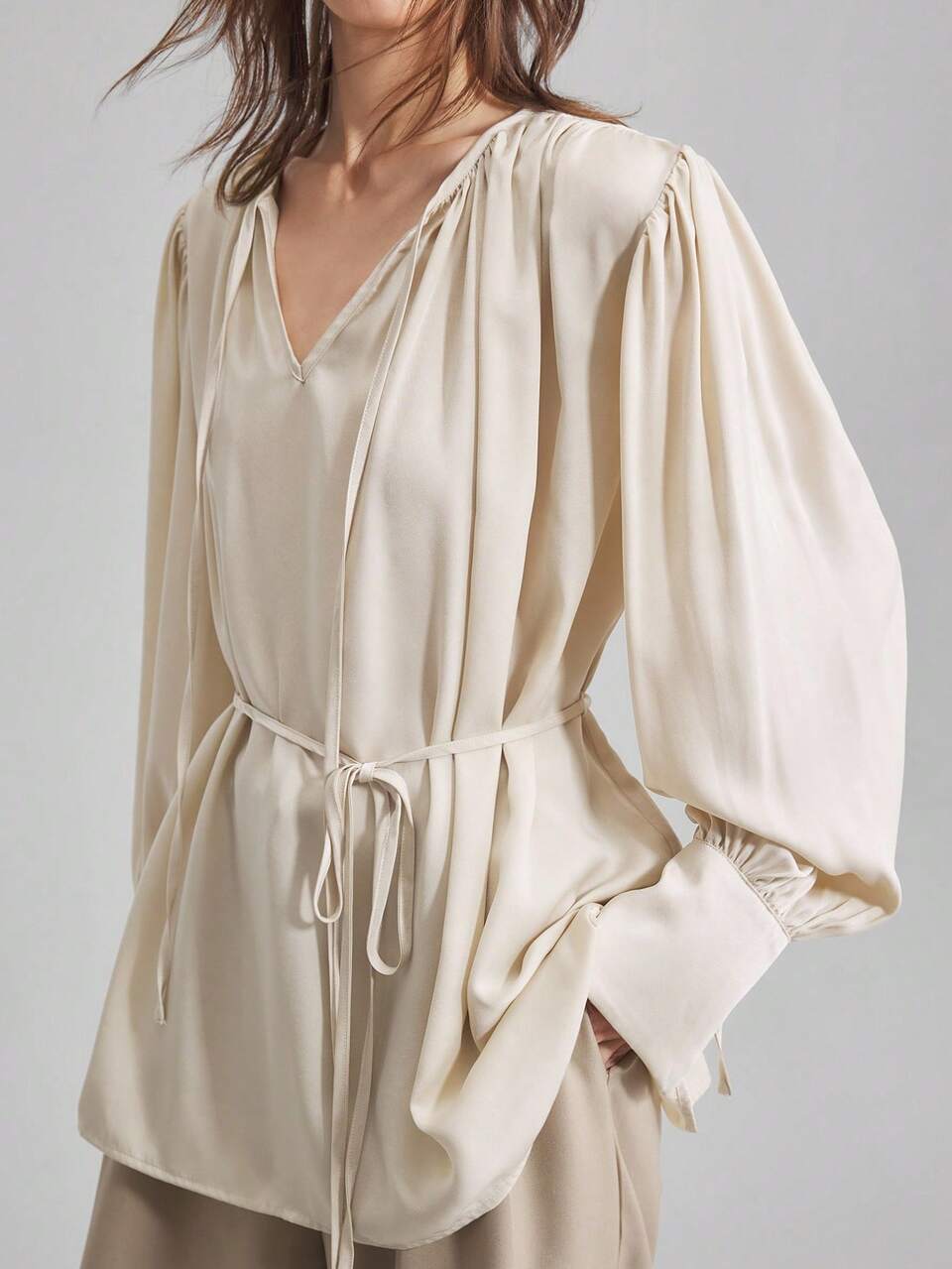 2025 Women Elegant Pleated Collar & Cuff Tie Detail Blouse,Round Neck,Long Sleeve Satin Fabric,Loose Fit Beige Autumn Office Business Casual Top