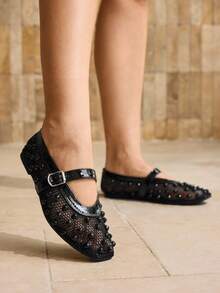 MOTF 女士新款法式时尚铆钉网面搭扣方头平底鞋，百搭舒适轻便，简约仙气风格，优雅时尚的假日玛丽珍鞋 - 黑色 - 查看 6