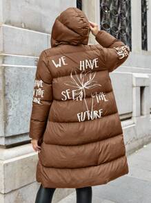 EURMUSE Plus Size Winter Casual Warm Letter Print Zip-Up Hooded Padded Coat - Brown - View 2