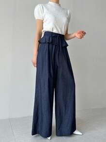 DAZY 高腰褶皱荷叶边宽松阔腿裤，飘逸蓝色休闲女裤/牛仔裤 - 深色水洗藍 - 查看 7