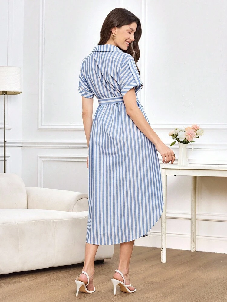 Fall Women's Dress, Cardigan Shirt Dress, Striped Printed Women's Casual Dress, Waist Belt Tie Design Short-Sleeved Dress, Casual Dress For Women Going Out For Parties And Daily Occasions