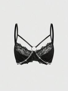 ROMWE Grunge Punk Punk Lace Trim Metal Chain Underwire Bralette - Black - View 5