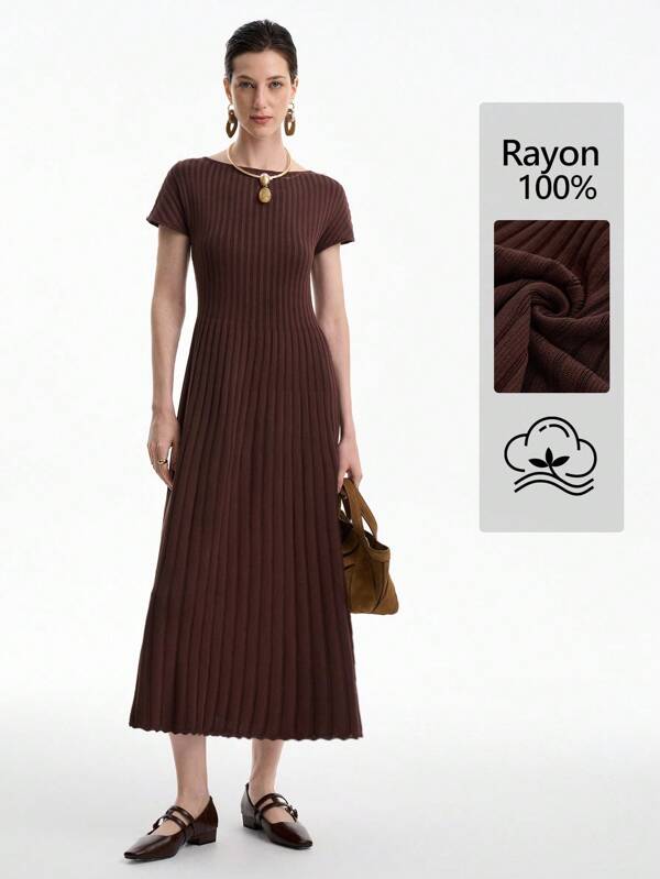 Aalyst Vestido largo de punto acanalado de estilo minimalista francés vintage, cintura ceñida, estilizador, elegante, de manga corta