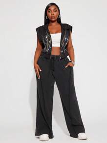SHEIN SXY Plus Size Women Rhinestone Fire Pattern Zip Up Hooded Crop Sweatshirt,Teal,Summer,Casual,Graphic,Bussines,Night Out Club,Hip-Hop,Street Style,Shining - Black - View 4