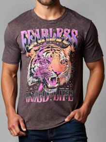 Manfinity LEGND 男士休闲雪花和老虎印花宽松圆领短袖 T 恤，夏季图案 T 恤 - 棕色 - 查看 1