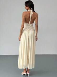 Aloruh Elegant Dresses For Party Apricot Romantic Date Party Ball Gown Halter Backless Deep V Flared Dress For Women - Apricot - View 2