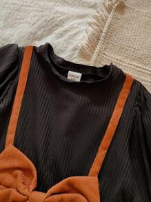 SHEIN Young Girl' Cute Comfortable Colorblock Stand Collar Long Sleeve Dress - Multicolor - View 6