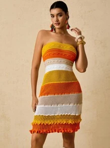 SHEIN VCAY Plus Size Contrast Color Knit Sweater Strapless Dress For Woman,Boho Yellow Orange Beach Cover Up,Tropical Holiday Vacation Autumn Winter Clothes - Orange - View 4
