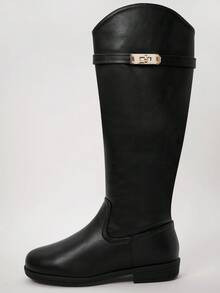 Solezae New Women's Riding Boot Sleek Black Knee-High Smooth Faux Leather Gold Tone Hardware Chic Rodeo Holiday Fun Comfort Shoe - Black - View 6