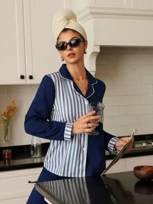 撞色条纹藏蓝色睡衣家居服套装，舒适优雅的细节设计，秋冬服装 - 藍色 - 查看 6