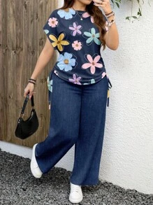 EMERY ROSE 2pcs Floral Print Faux Denim Casual Minimalist Plus Size Set, Suitable For Summer,Flower/Vacation/Spring - Multicolor - View 5
