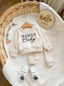 SHEIN 2pcs Newborn Baby Boy Letter Embroidered Crew Neck Long Sleeve Top And Elastic Cuff Pants Set Fall Winter - Apricot - View 4